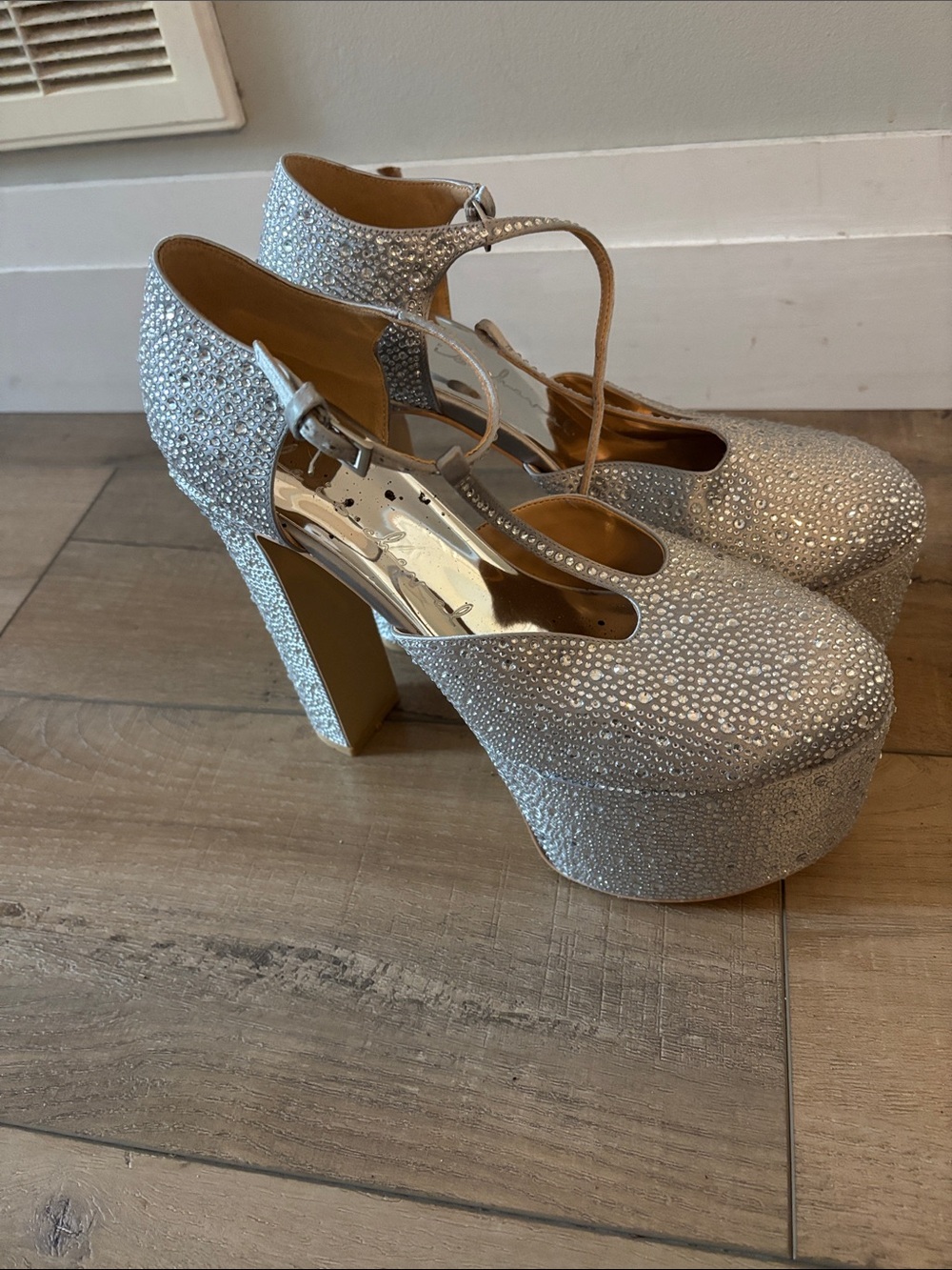 Silver Rhinestone Platform T-Strap Heels